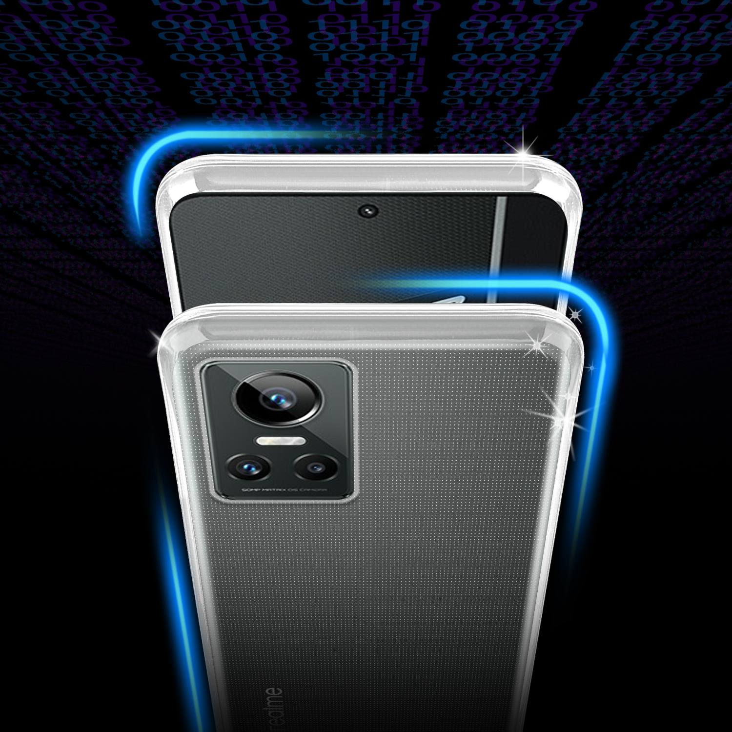 Transparente Handyhülle auf dem Telefon, mit zwei Kameras. Blaues Lichtdesign.