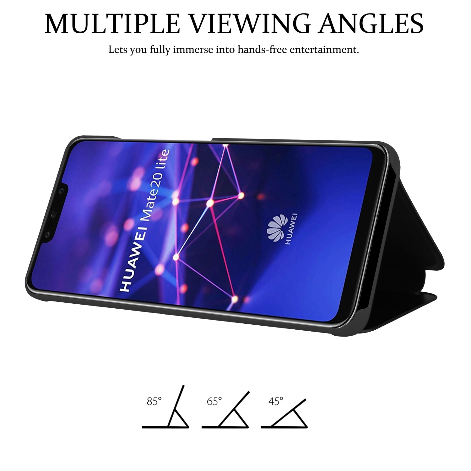 Un téléphone noir se tient seul sous plusieurs angles. Le téléphone affiche un écran avec un fond bleu.