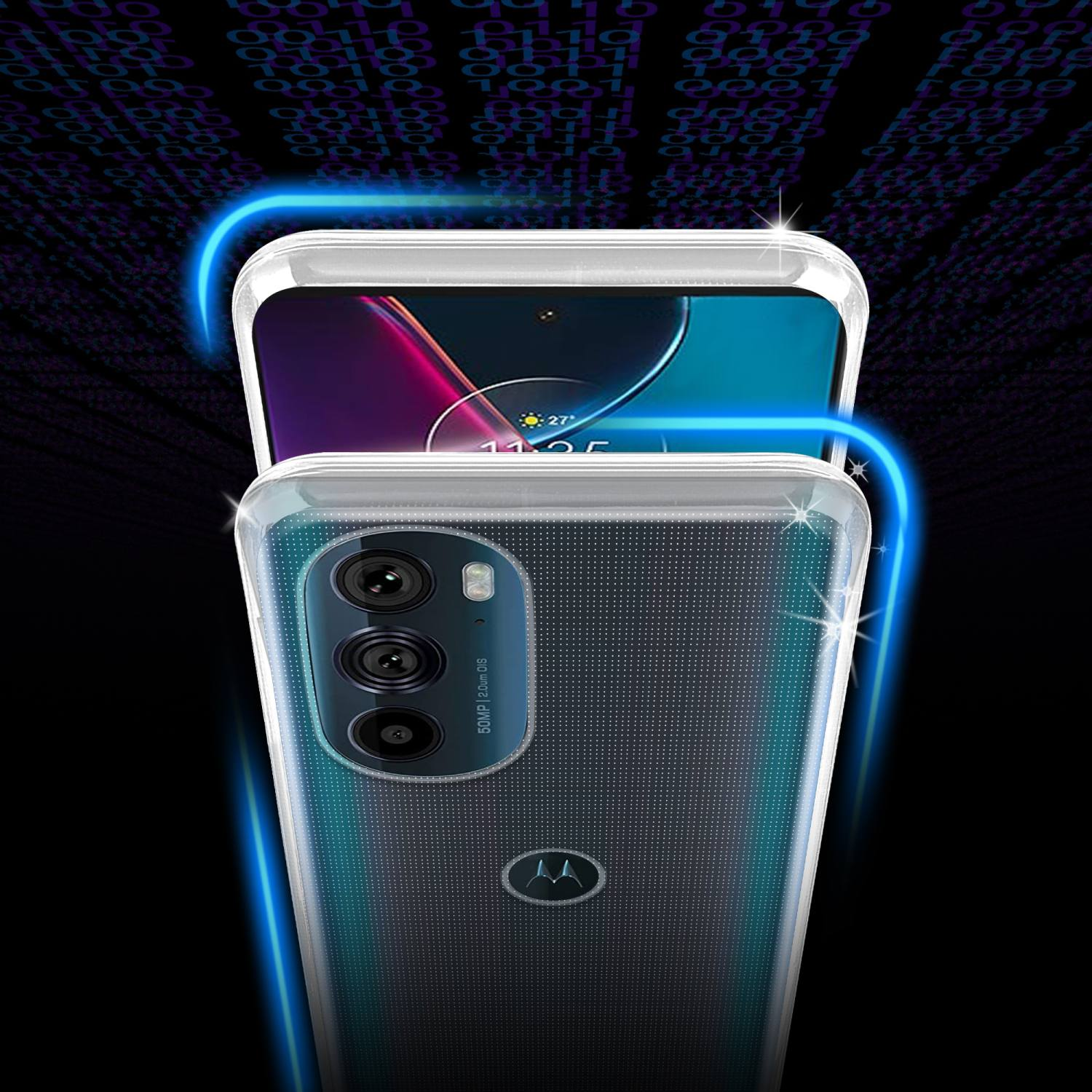 Telefon in transparentem Gehäuse mit digitalem Hintergrund. Das Telefon hat eine Kamera und einen Bildschirm.