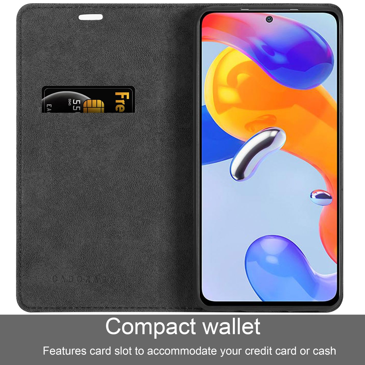 Schwarze Brieftaschentasche für ein Telefon, mit einem Kreditkartenfach und einem Telefonbildschirm.