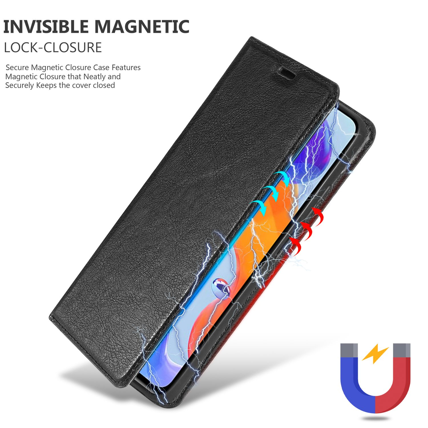 Schwarze Handyhülle mit Magnetverschluss. Text: Unsichtbarer Magnetverschluss.