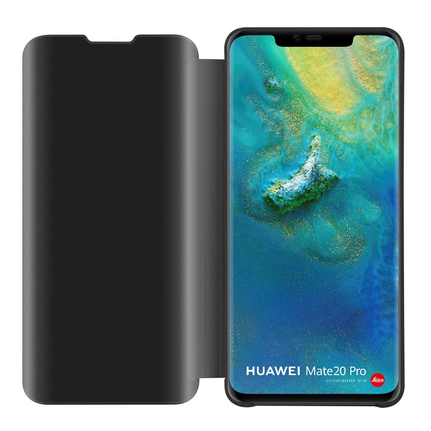Schwarze Handyhülle offen mit einem Telefon. Text: HUAWEI Mate20 Pro.