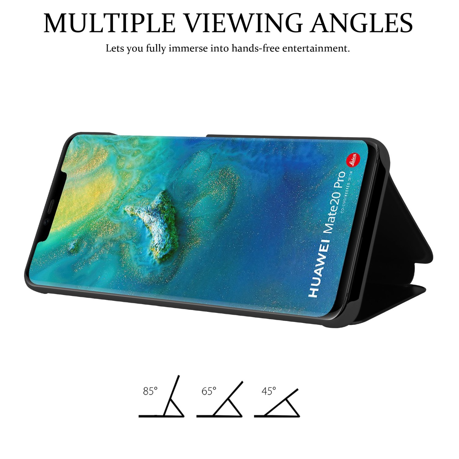 Téléphone noir sur support, écran affiche paysage. Angles de vue : 85°, 65°, 45°.