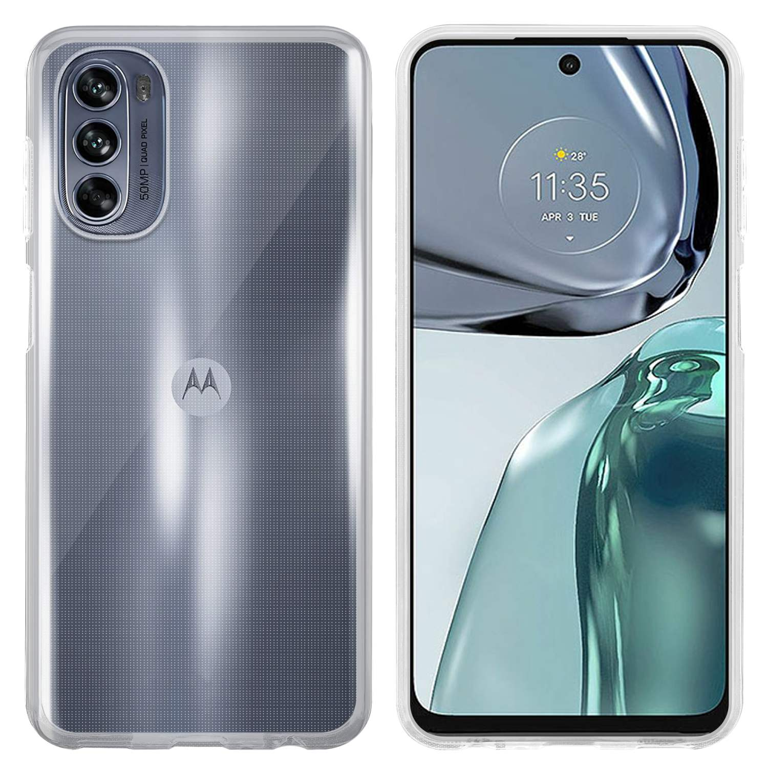 Telefono con custodia trasparente, vista posteriore e anteriore. Lenti della fotocamera, logo AA e ora.