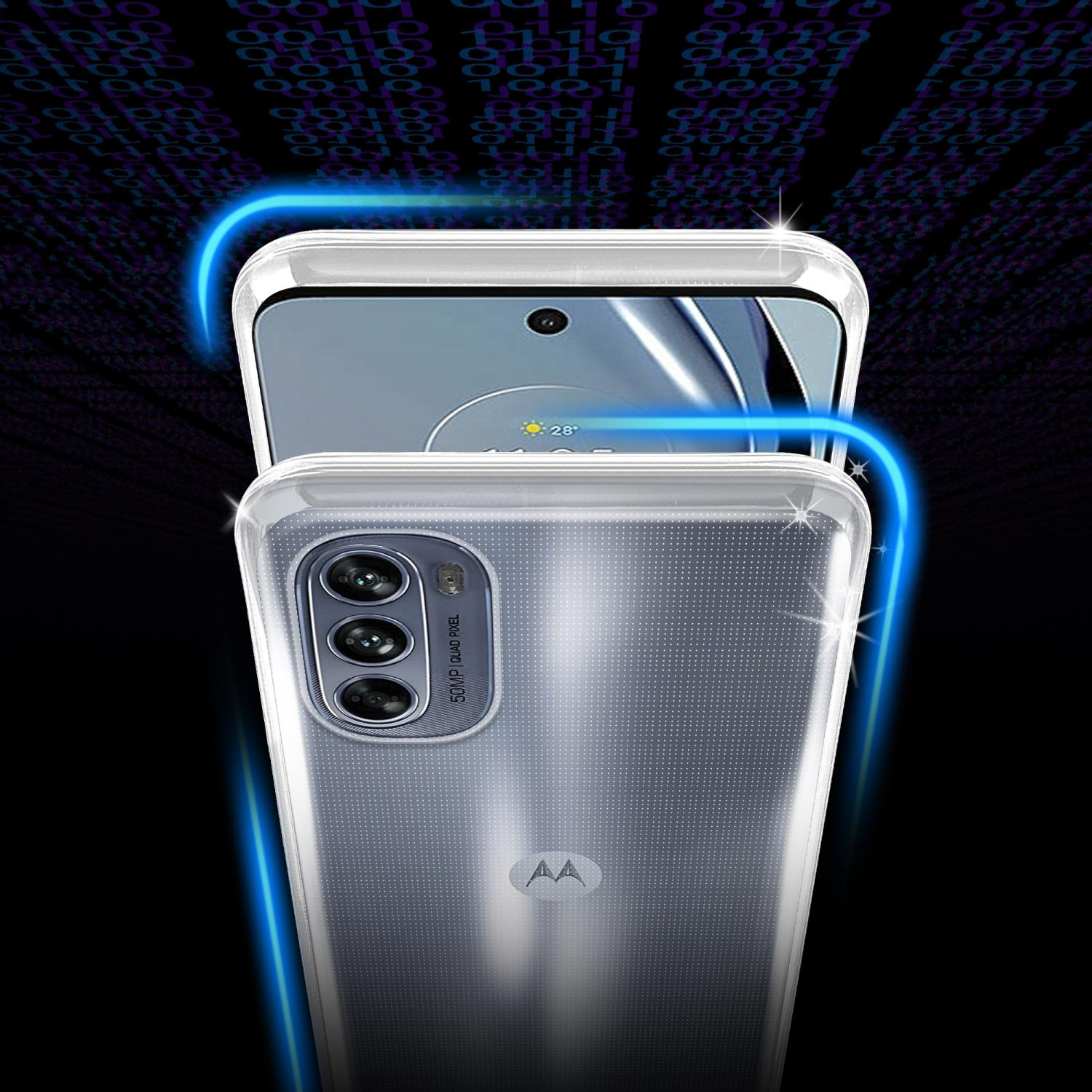 Un telefono in una custodia trasparente, che mostra lo schermo anteriore e le fotocamere posteriori, con linee al neon.