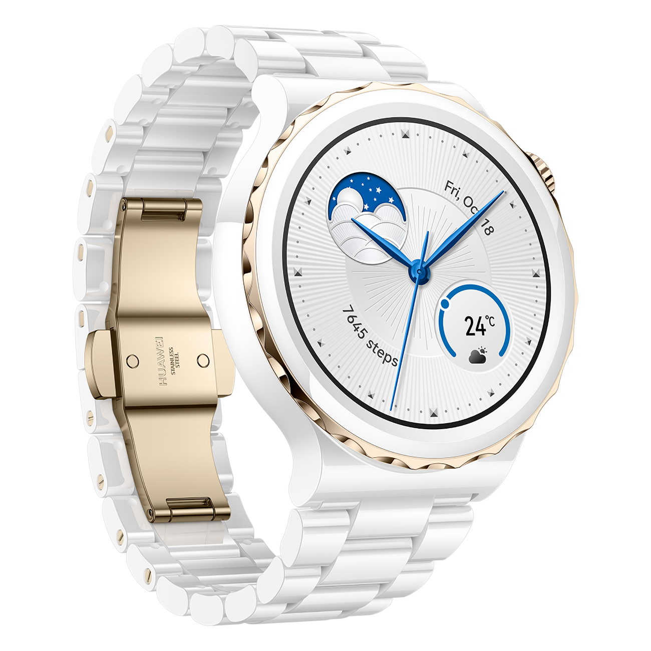 Smartwatch bianco e oro con quadrante rotondo che mostra la data e l'ora. Cinturino bianco con chiusura dorata.