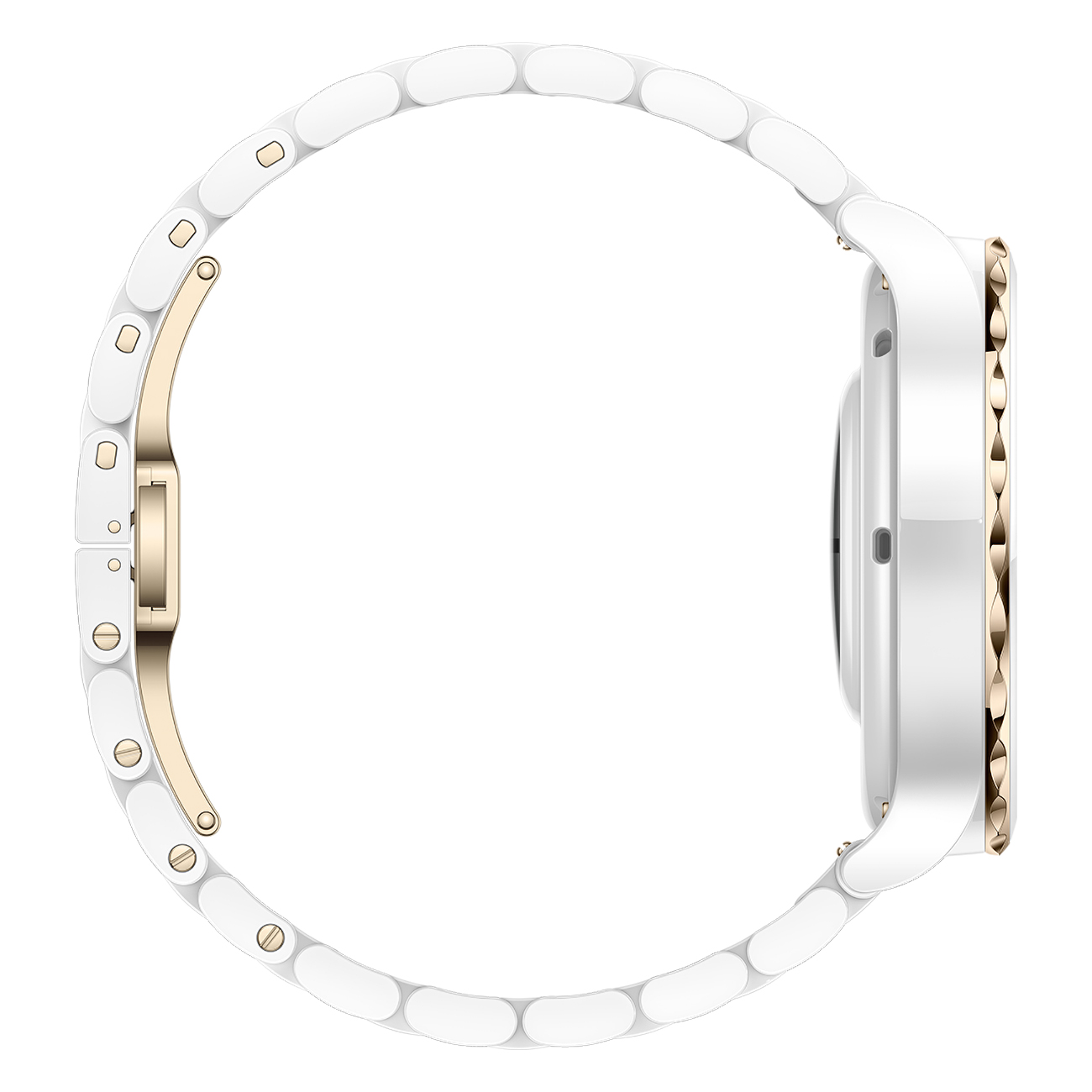 Un smartwatch bianco con cornice color oro e cinturino bianco. L'orologio ha una forma circolare.