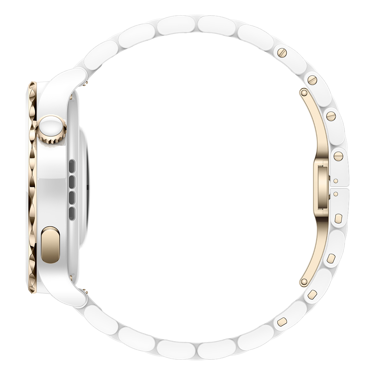 Smartwatch bianco con accenti dorati, vista laterale. L'orologio è su uno sfondo bianco.