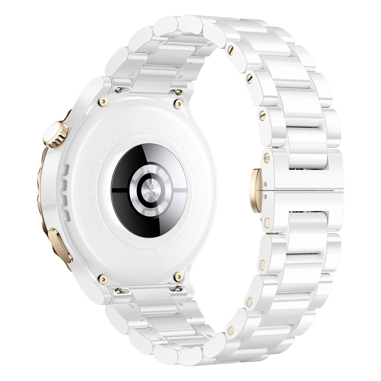 Un orologio intelligente bianco. L'orologio ha un cinturino bianco. Il retro ha un componente circolare.