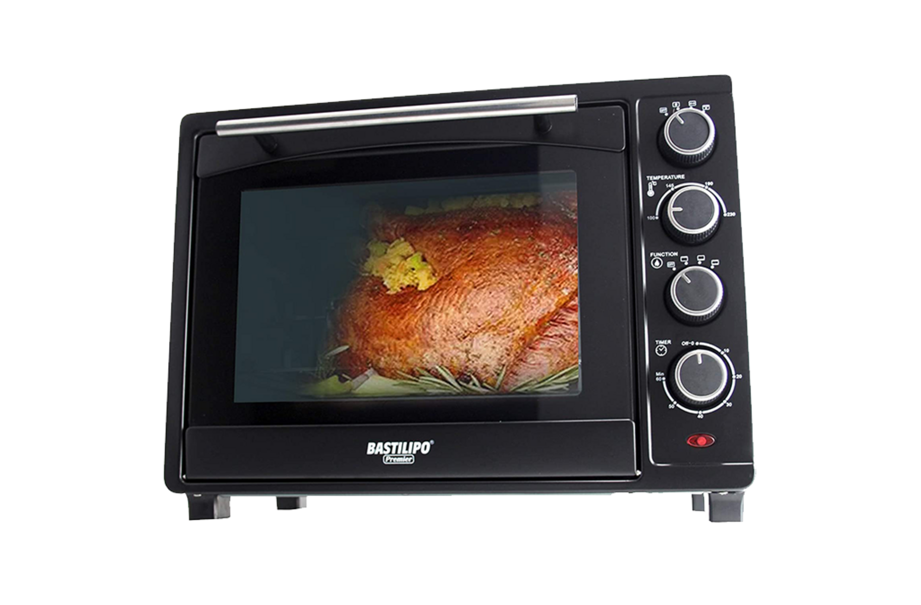 Forno nero con porta chiusa, che mostra l'interno con pollo arrosto. Le manopole sono sul lato destro.