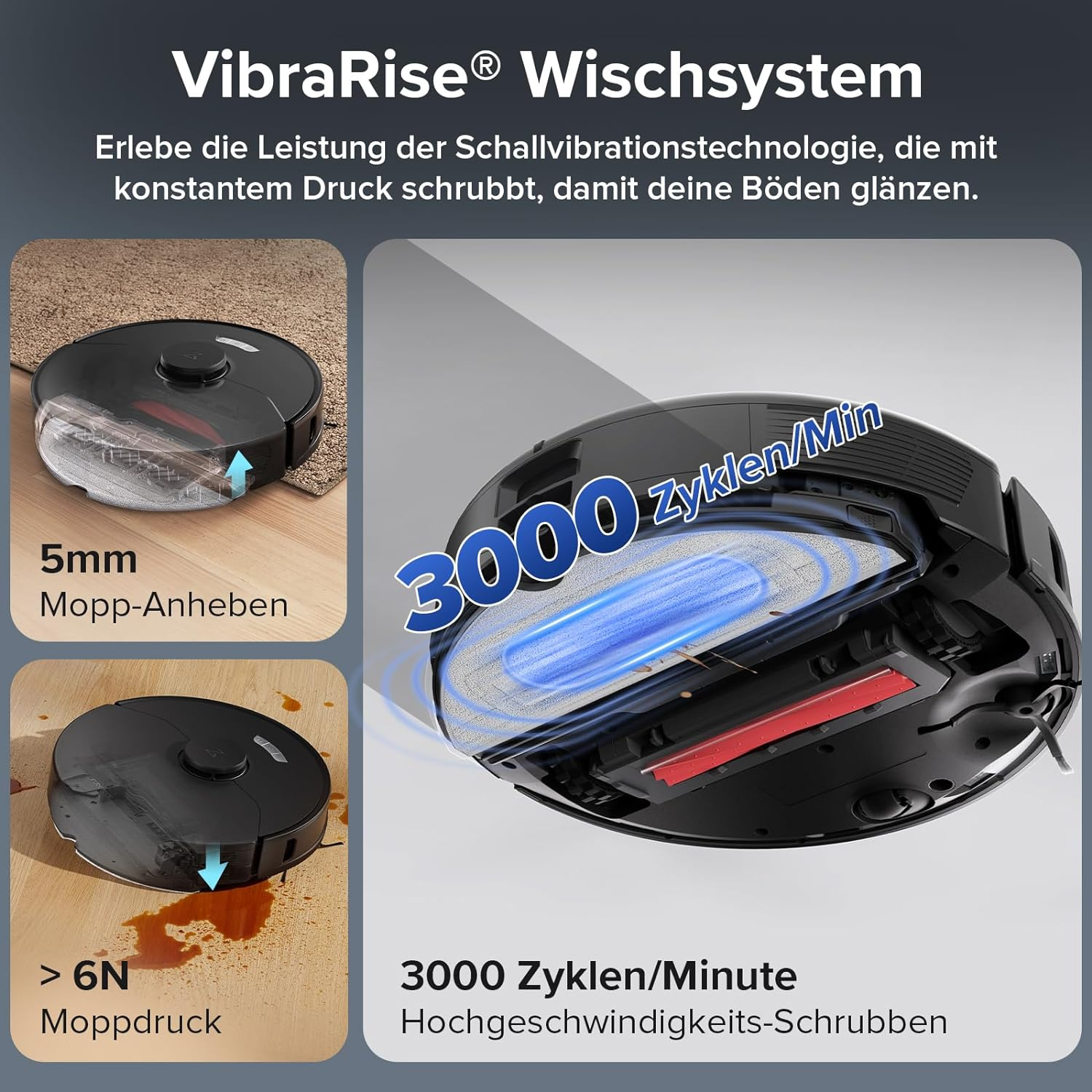 Diagramm eines Roboter-Staubsaugers mit Text über die Reinigungsleistung.