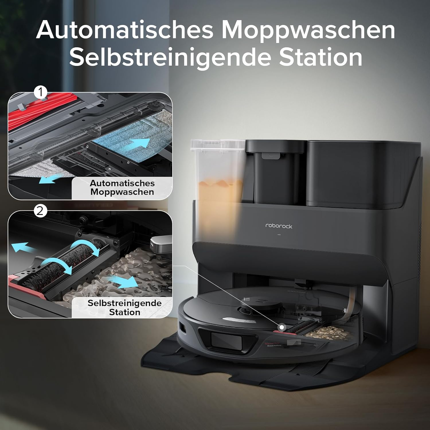 Roboter-Staubsauger mit Selbstreinigungsstation. Automatisches Wischen und Selbstreinigung.