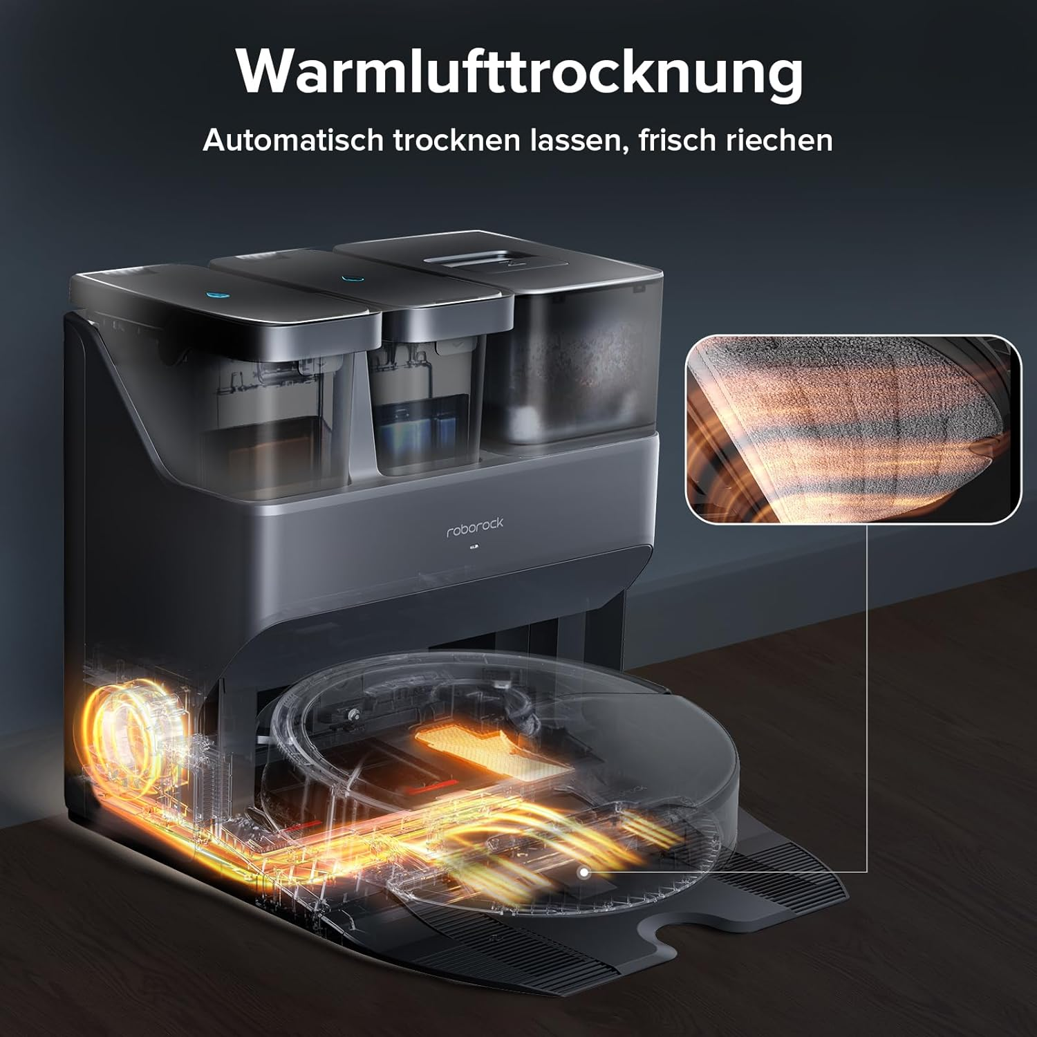 Ein schwarzer Roborock-Saugroboter mit Trocknungssystem, zeigt interne Komponenten und Luftstrom.