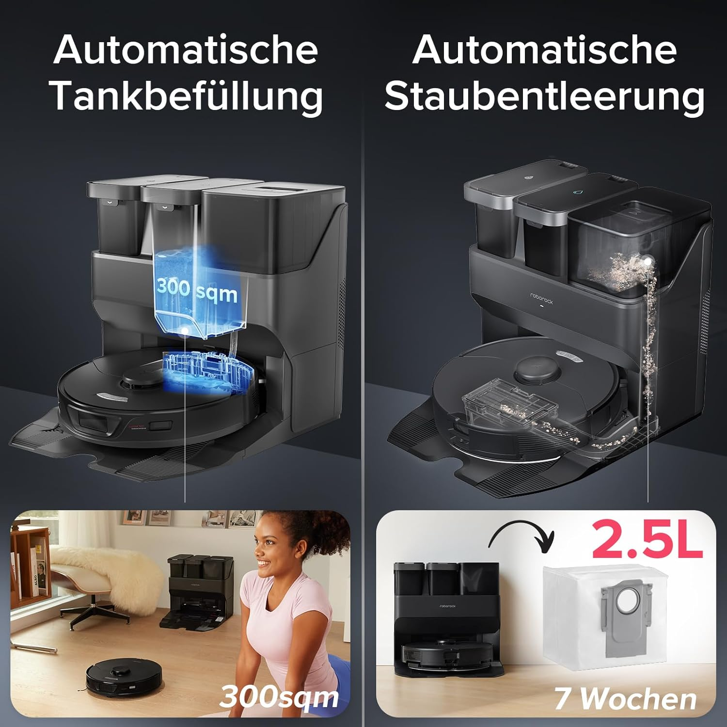 Ein Roboter-Staubsauger mit Text, der Funktionen zeigt.