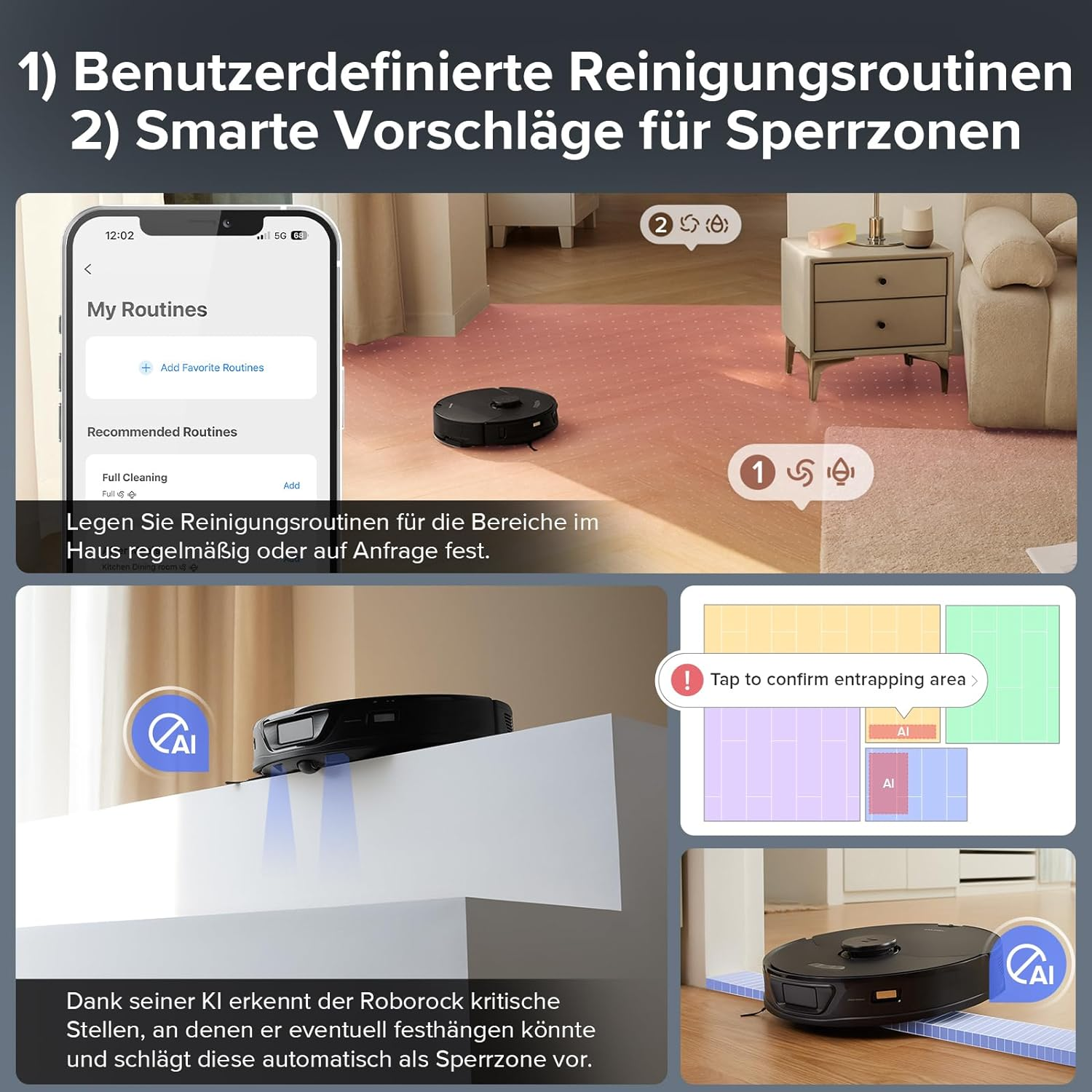 Roboter-Staubsauger auf einem Boden, App-Oberfläche. Text: Intelligente Vorschläge für Zonen.