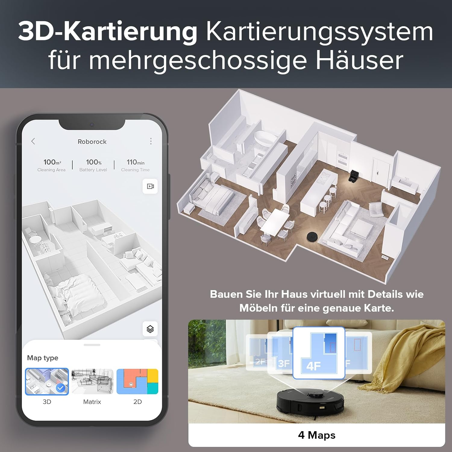 Ein Telefon zeigt eine Hauskarte. Ein Roboterstaubsauger und ein 3D-Grundriss sind ebenfalls abgebildet.