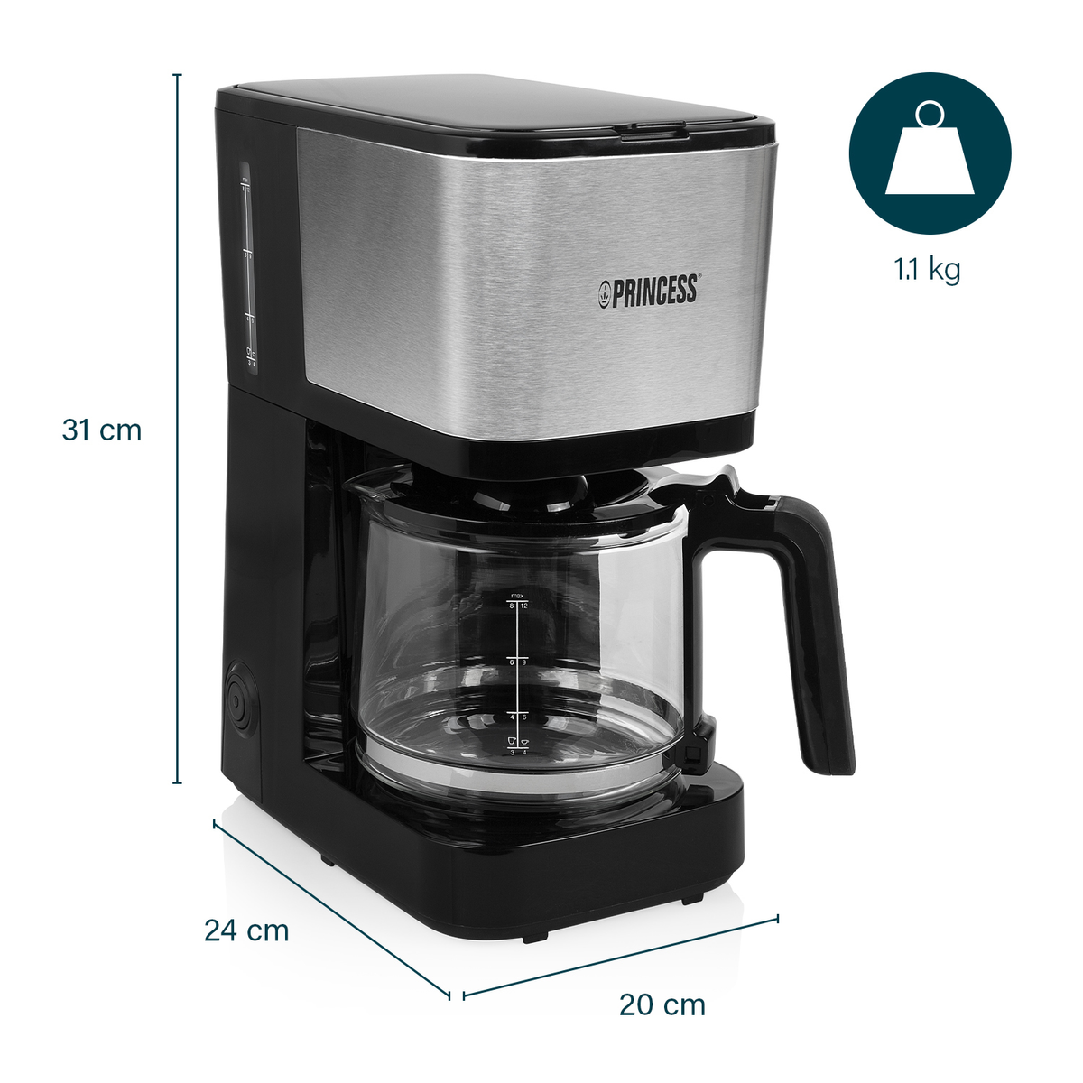 Cafetera de goteo - PRINCESS 01.246031.01.001, 750 W, 1,25 l, 12 tazas, Inox