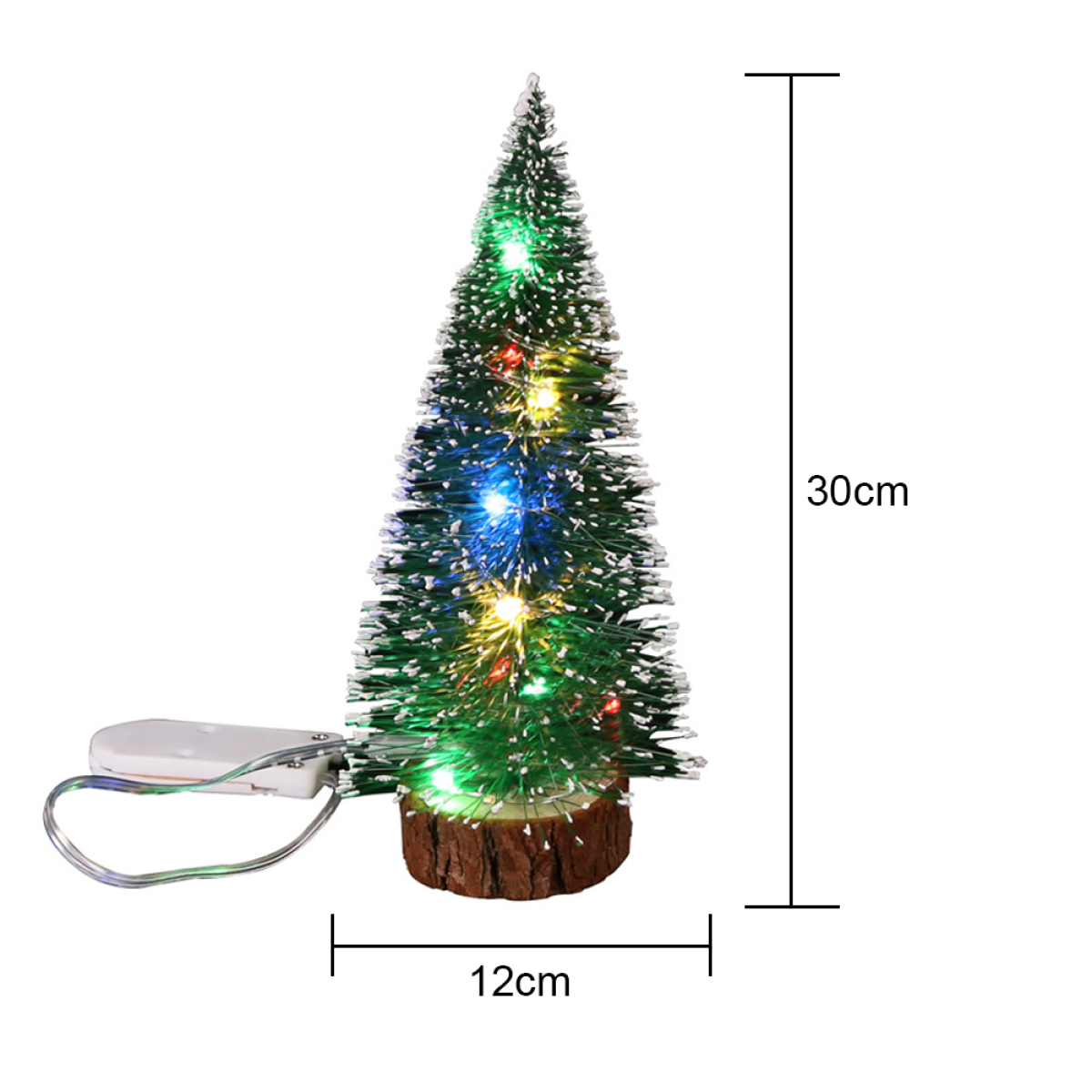 Kleiner beleuchteter Weihnachtsbaum mit Lichtern, 30cm hoch, auf Holzsockel.