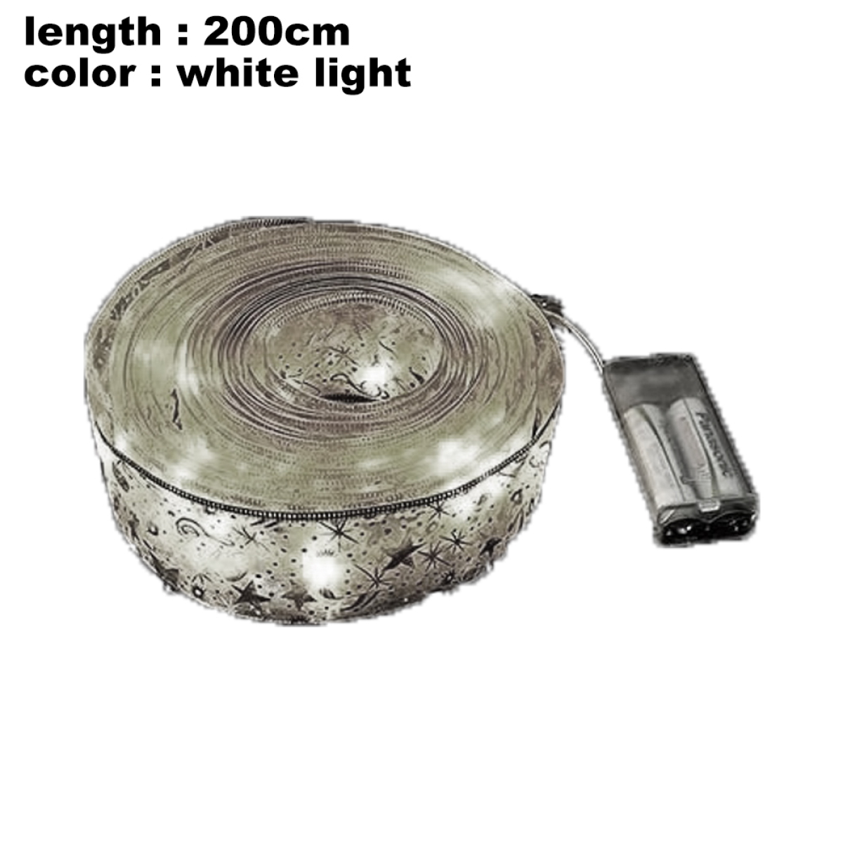Weiße Lichter auf einer Rolle, 200 cm lang. Die Lichter befinden sich auf weißem Hintergrund.