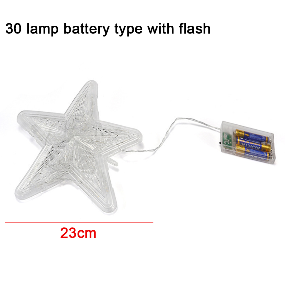 Sternförmiges Licht mit Batteriepack. Text: 30 Lampen-Batterietyp mit Blitz, 23cm.