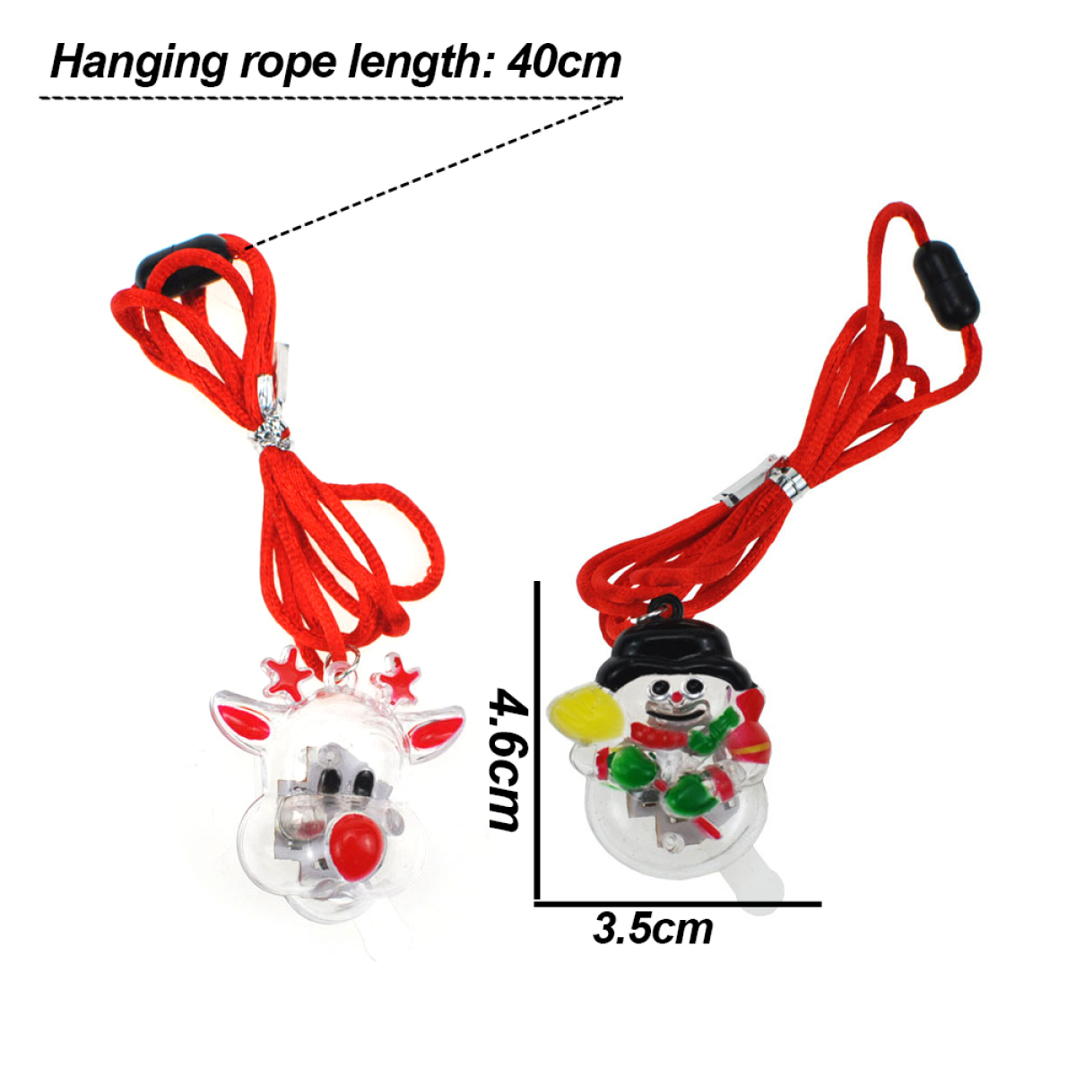 Zwei Weihnachts-Lichtornamente: ein Rentier und ein Schneemann, beide mit roten Hängeschnüren.