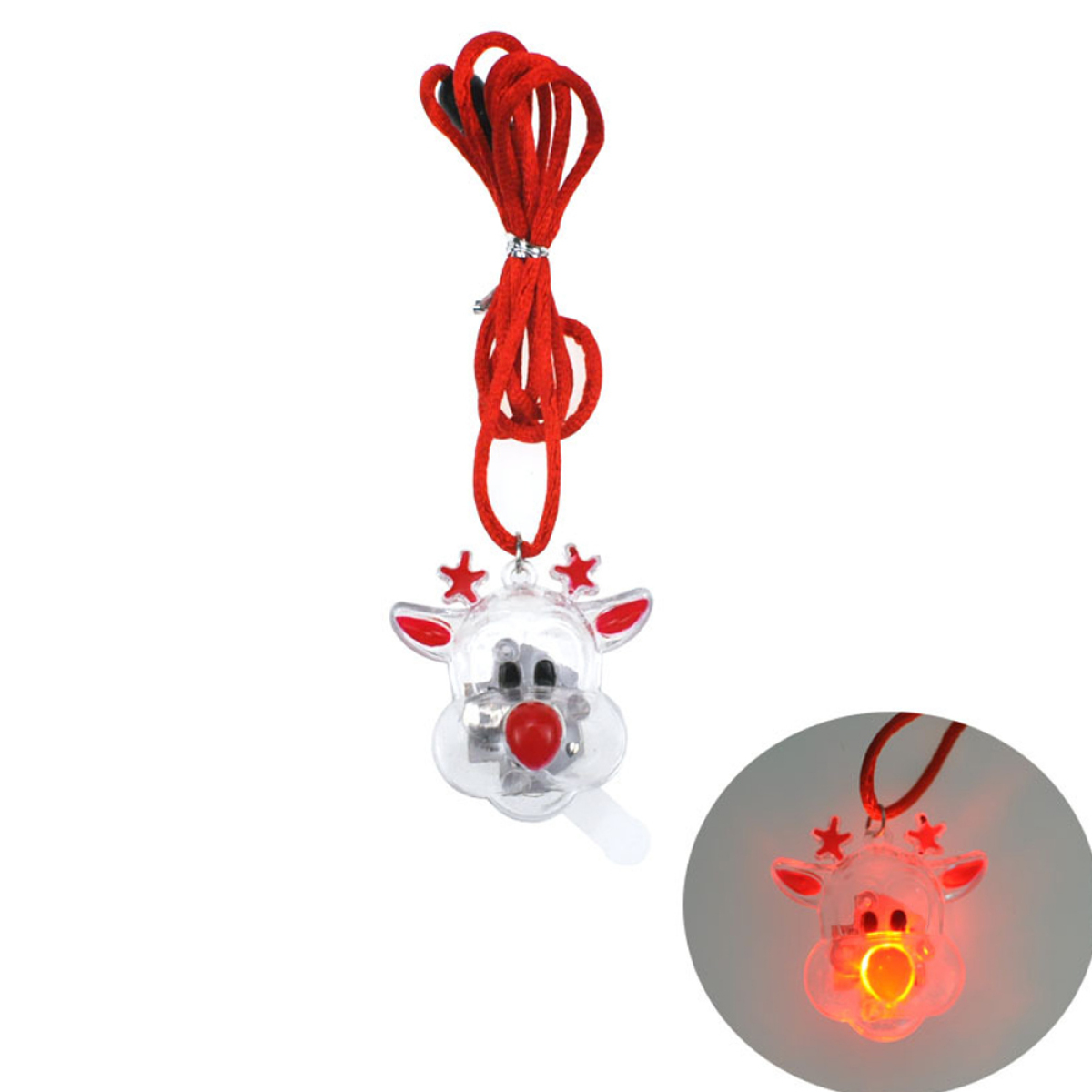 Rotes Weihnachtsrentier-Ornament mit Leuchteffekt und kleinerem inset-Bild.
