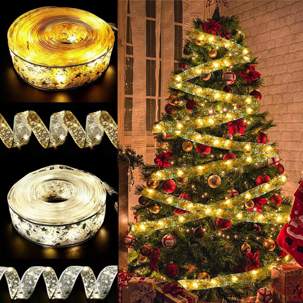 Weihnachtsbaum mit Ornamenten und Lichtern dekoriert. Drei Rollen Stern-gemustertes Band sind ebenfalls gezeigt.