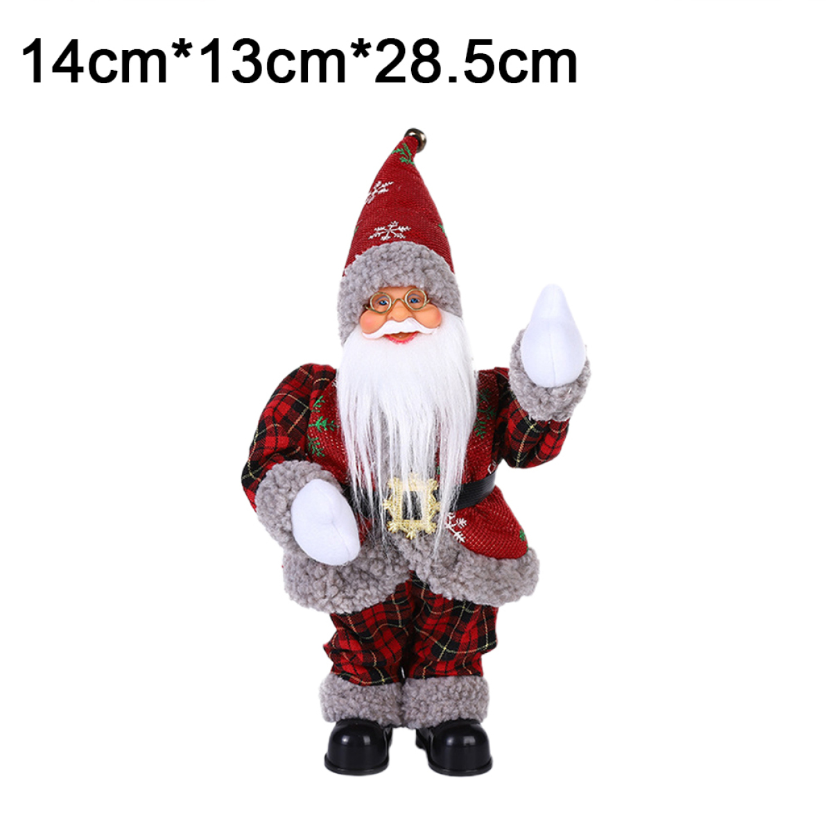 Weihnachtsmann-Figur, rot kariertes Outfit, weißer Bart, Brille, winkend. Weißer Hintergrund, 14x13x28,5cm Maße.