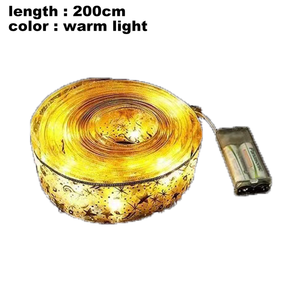 Eine Rolle warmweißer LED-Streifenlichter mit einem Akkupack.