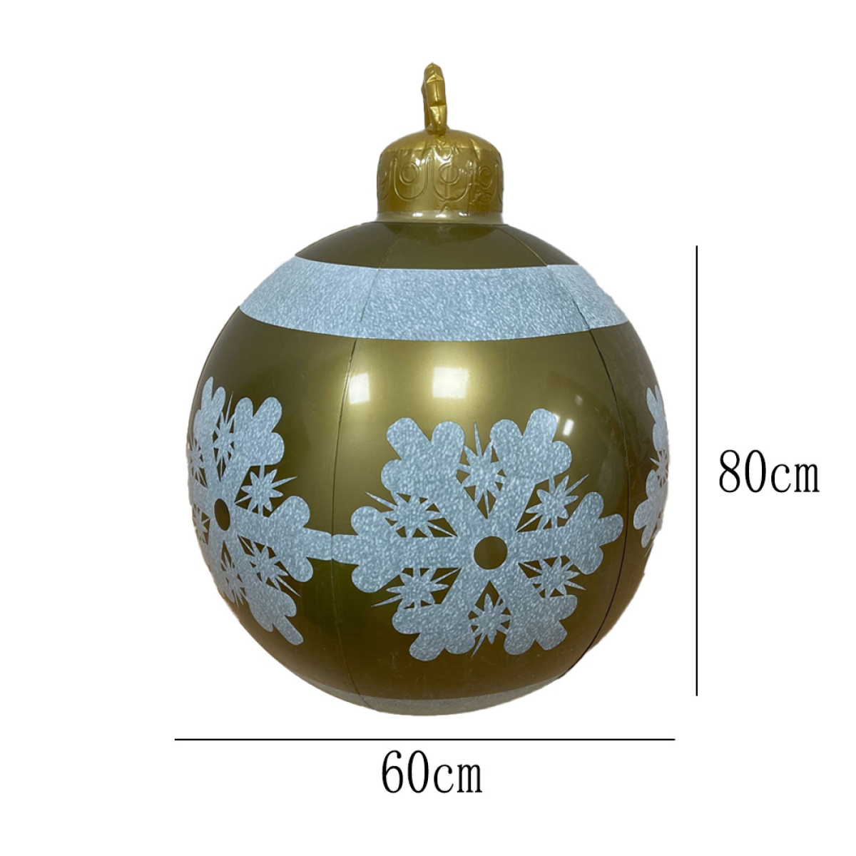 Goldene Weihnachtskugel mit weißen Schneeflocken. Maße 60x80cm, mit goldener Kappe.