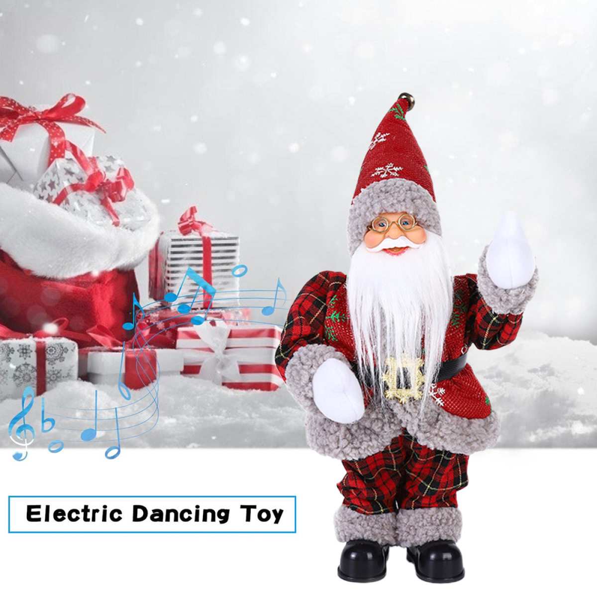 Ein tanzendes Weihnachtsmann-Spielzeug mit Noten im Hintergrund. Text: Elektrisches Tanzspielzeug.
