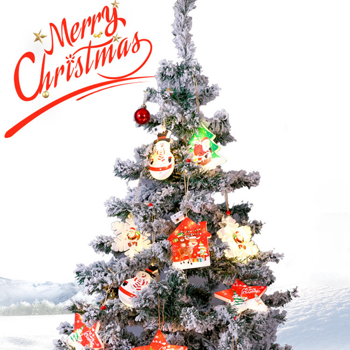 Weihnachtsbaum mit Dekorationen und einem Frohe Weihnachten-Text-Overlay.