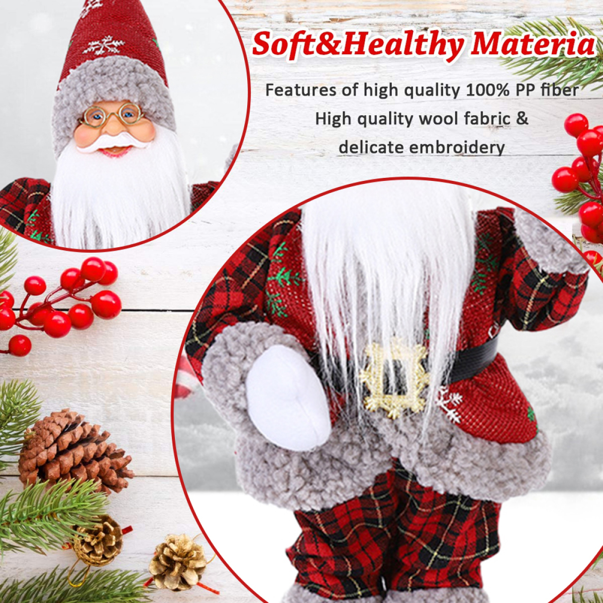 Weihnachtsmann-Puppe mit rotem Anzug und weißem Bart, umgeben von Weihnachtsdekorationen. Text: 'Soft & Healthy Materia'.