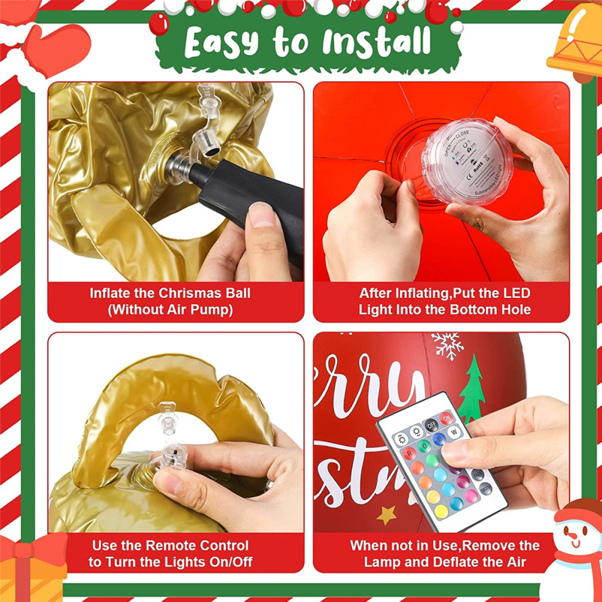 Eine Schritt-für-Schritt-Anleitung zum Aufblasen eines Weihnachtskugels. Zeigt Hände und eine Fernbedienung.