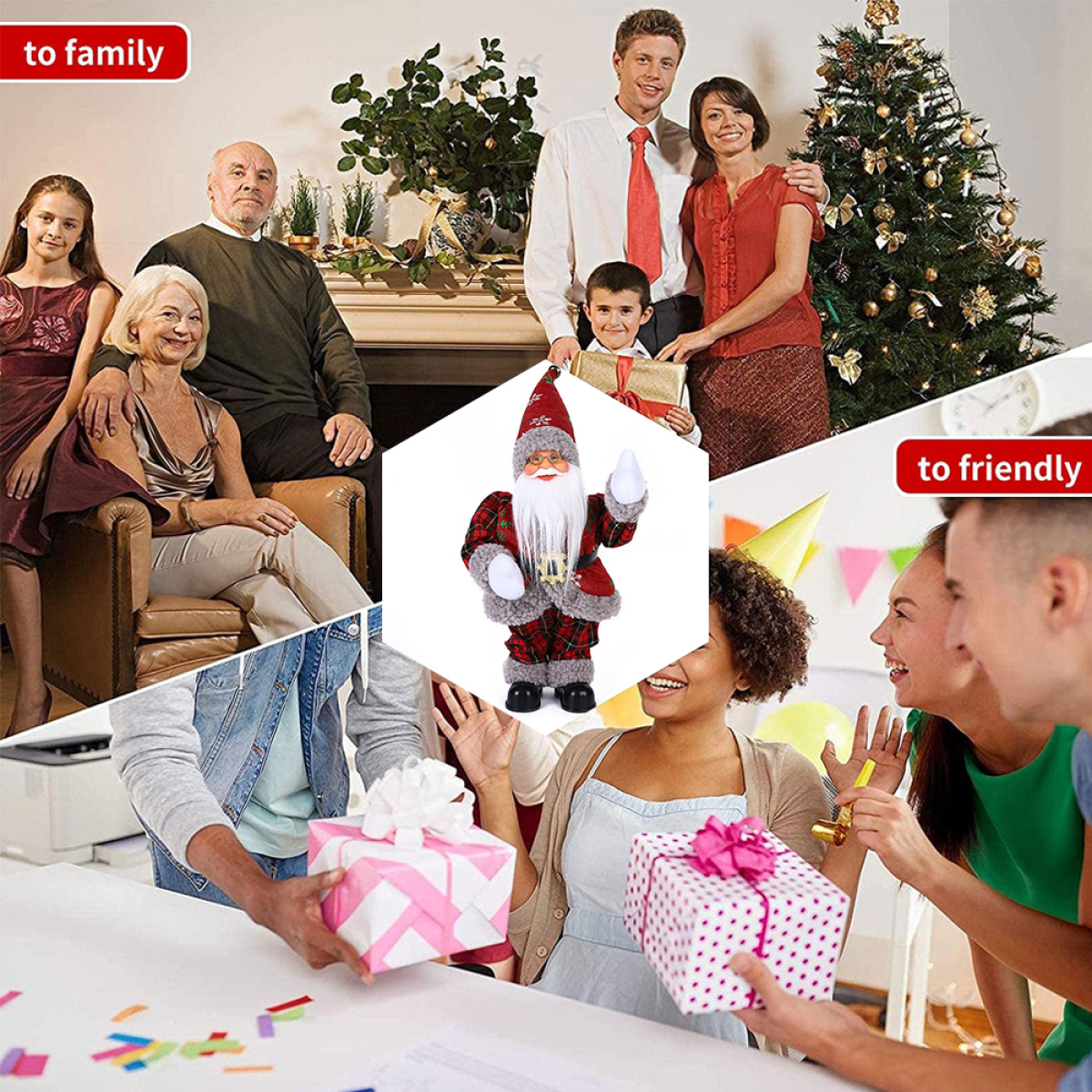 Gruppe von Menschen mit Geschenken und Weihnachtsmannfigur. Text: Für Familie, für Freunde.