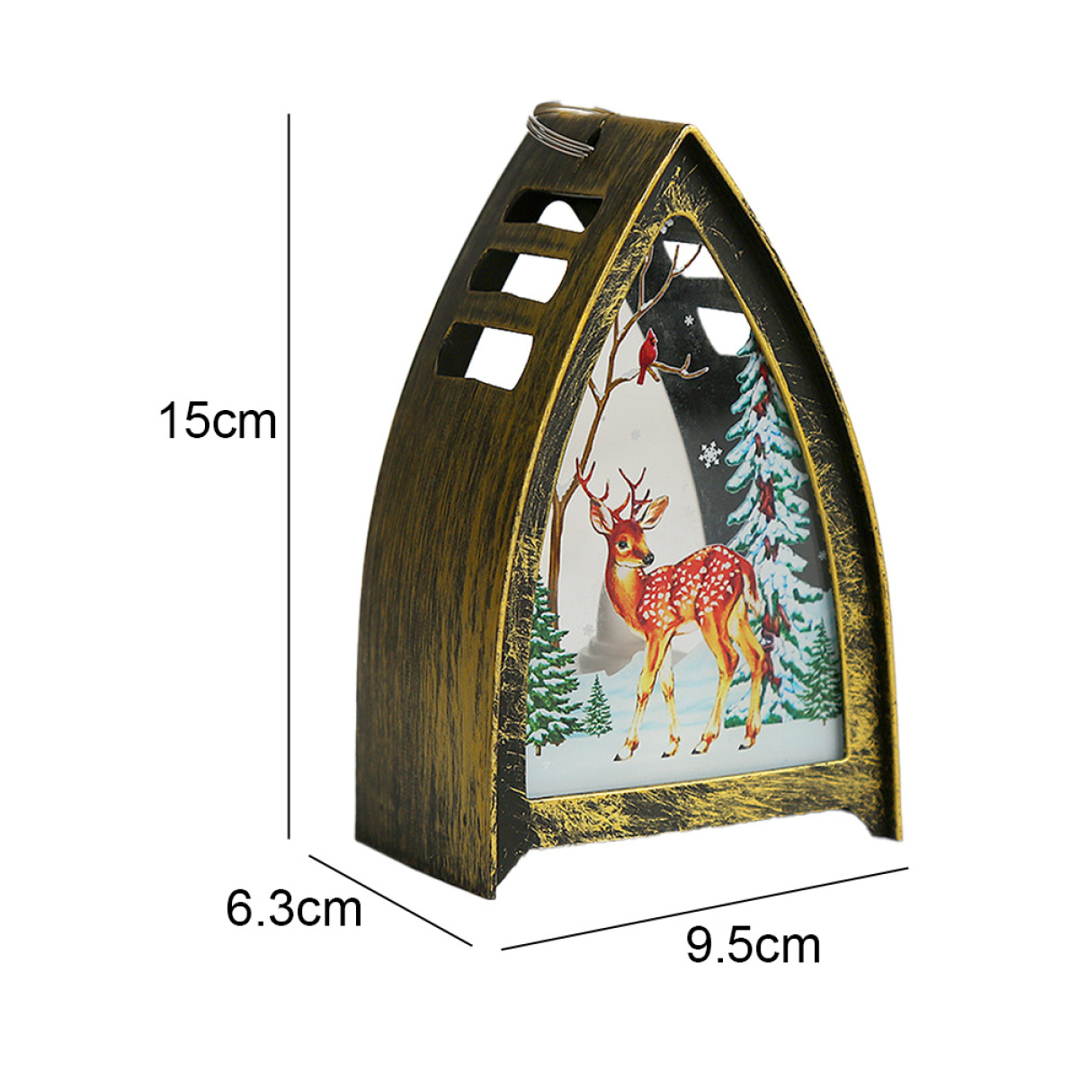 Eine weihnachtliche Laterne mit Hirsch- und Schneeszene, goldfarbener Rahmen und Abmessungen.