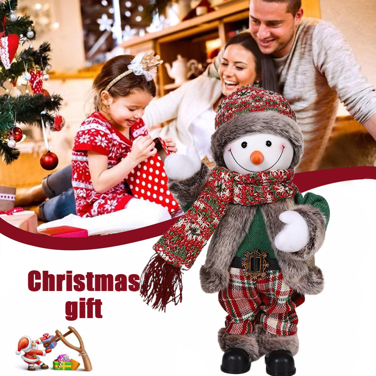 Weihnachtsgeschenk mit einem Schneemannspielzeug, einer Familie und einem Weihnachtsbaum im Hintergrund.