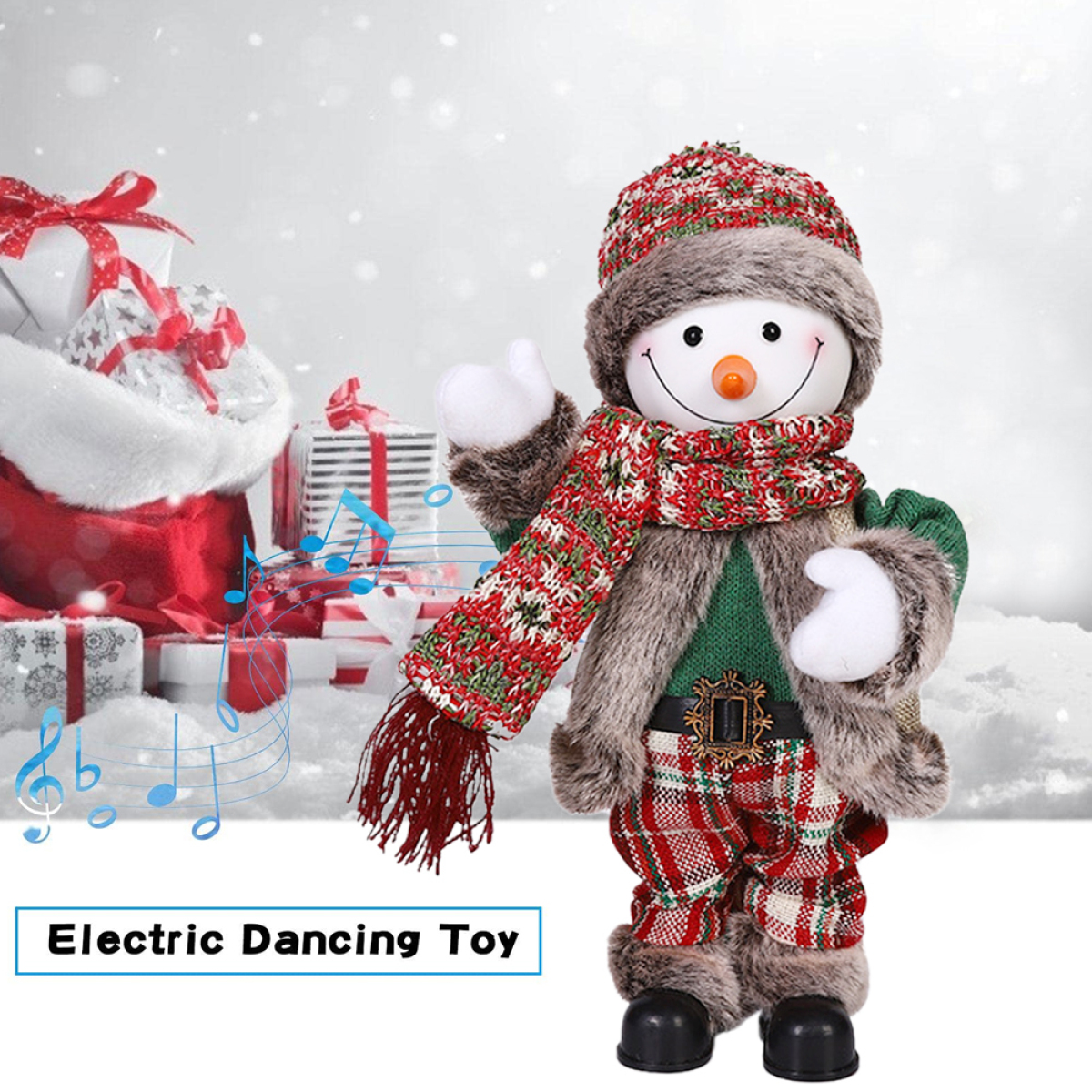 Ein Schneemann-Spielzeug mit Schal, Hut und festlichem Outfit, mit Noten.