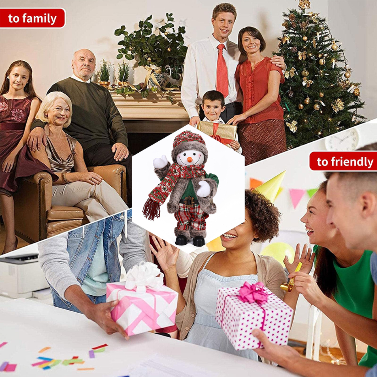 Weihnachtsszene mit Familie und Freunden. Eine Schneemann-Spielzeugfigur steht im Mittelpunkt. Geschenke und Tannenbaum sind dabei.