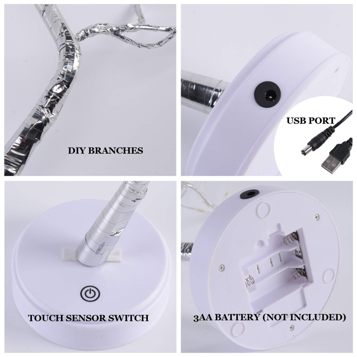 Eine weiße Lampe mit Touch-Sensor-Schalter und USB-Anschluss. Mit DIY-Ästen.