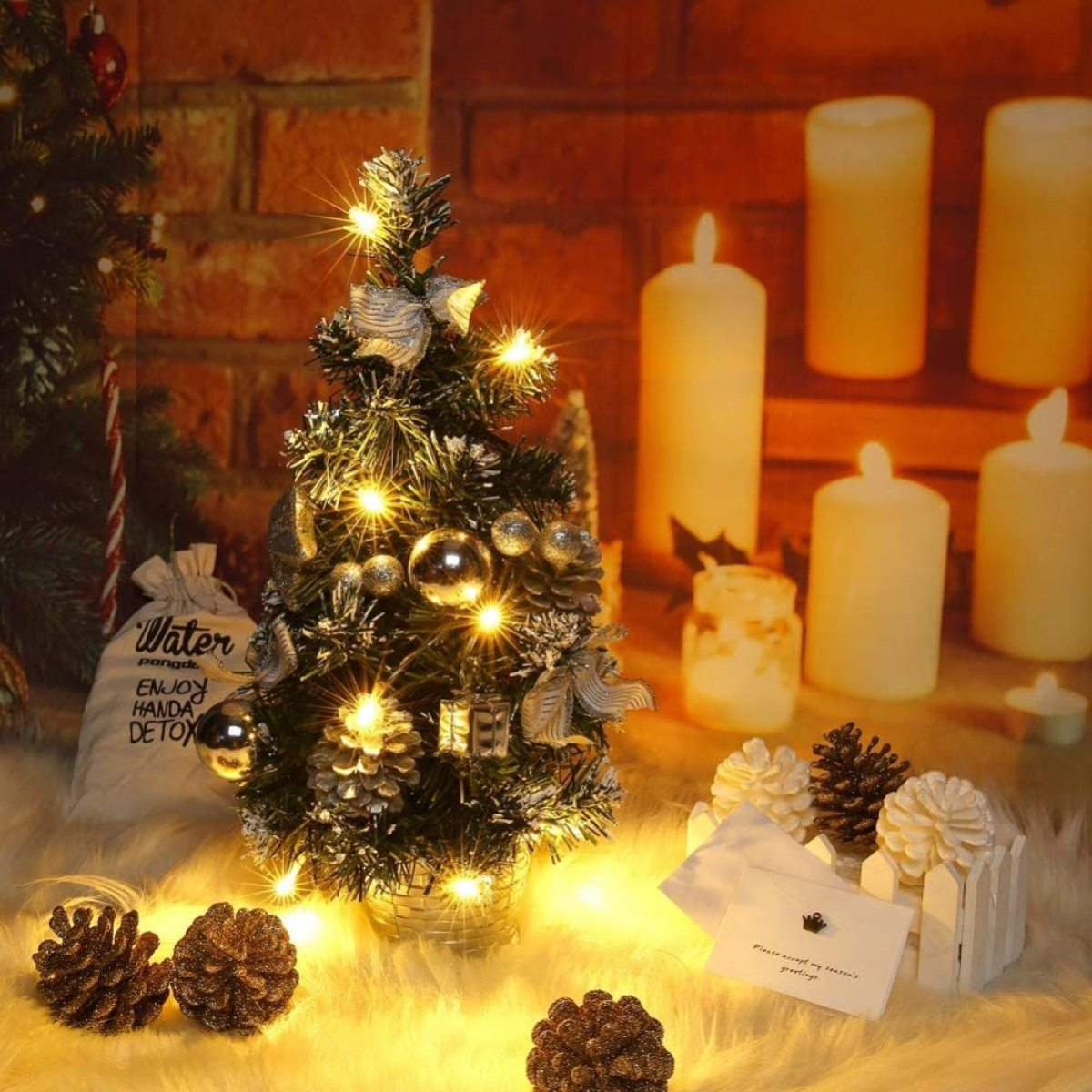 COZEVDNT Mini Weihnachtsbaum mit Weihnachtsdeko, Beleuchtung Silber und Baumschmuck