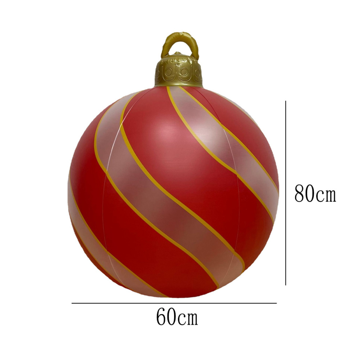 Rot-weiß gestreifte aufblasbare Weihnachtskugel. Sie ist 60 cm breit und 80 cm hoch.