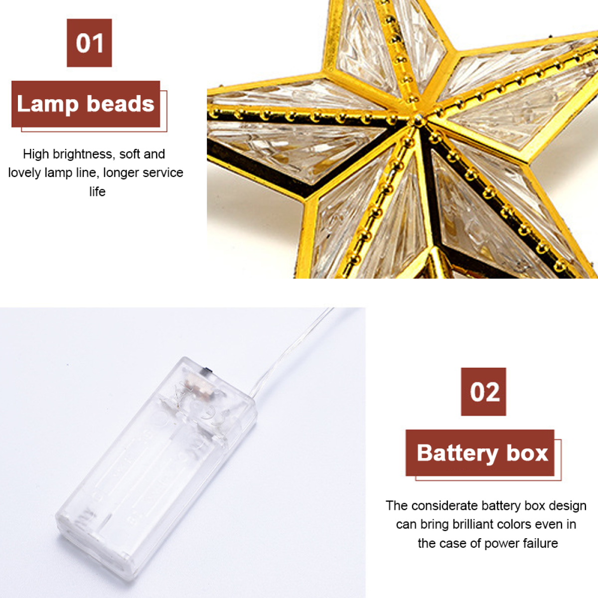 Weihnachtsstern-Ornament mit Text. Batteriebox und Text zur Funktionserläuterung.