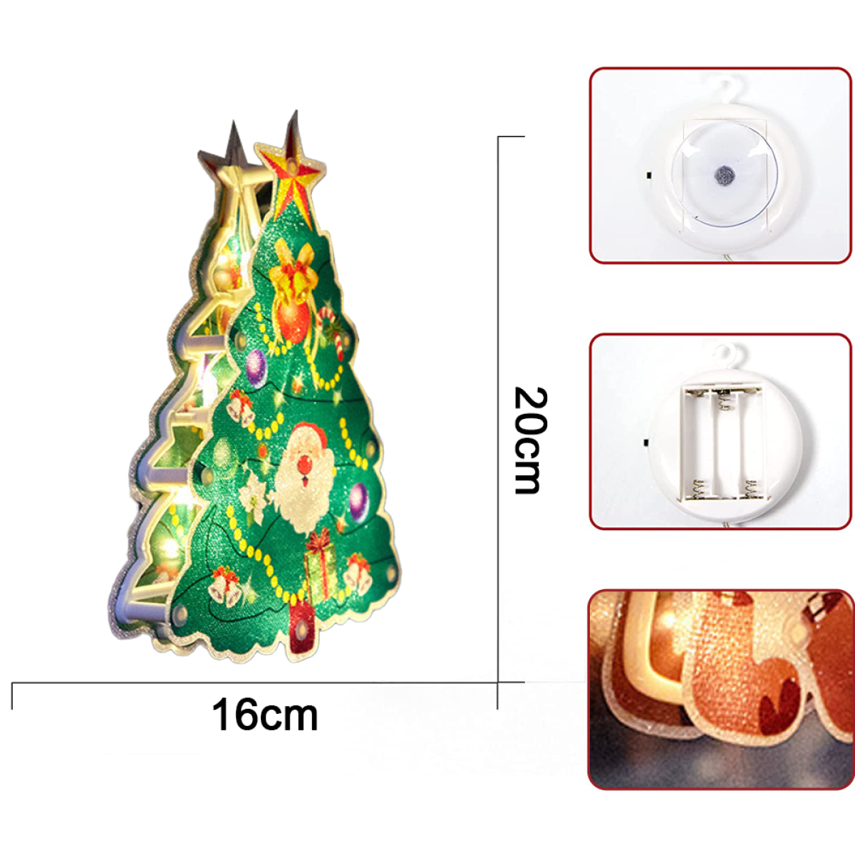 Beleuchteter Weihnachtsbaum mit Stern und Weihnachtsmann.