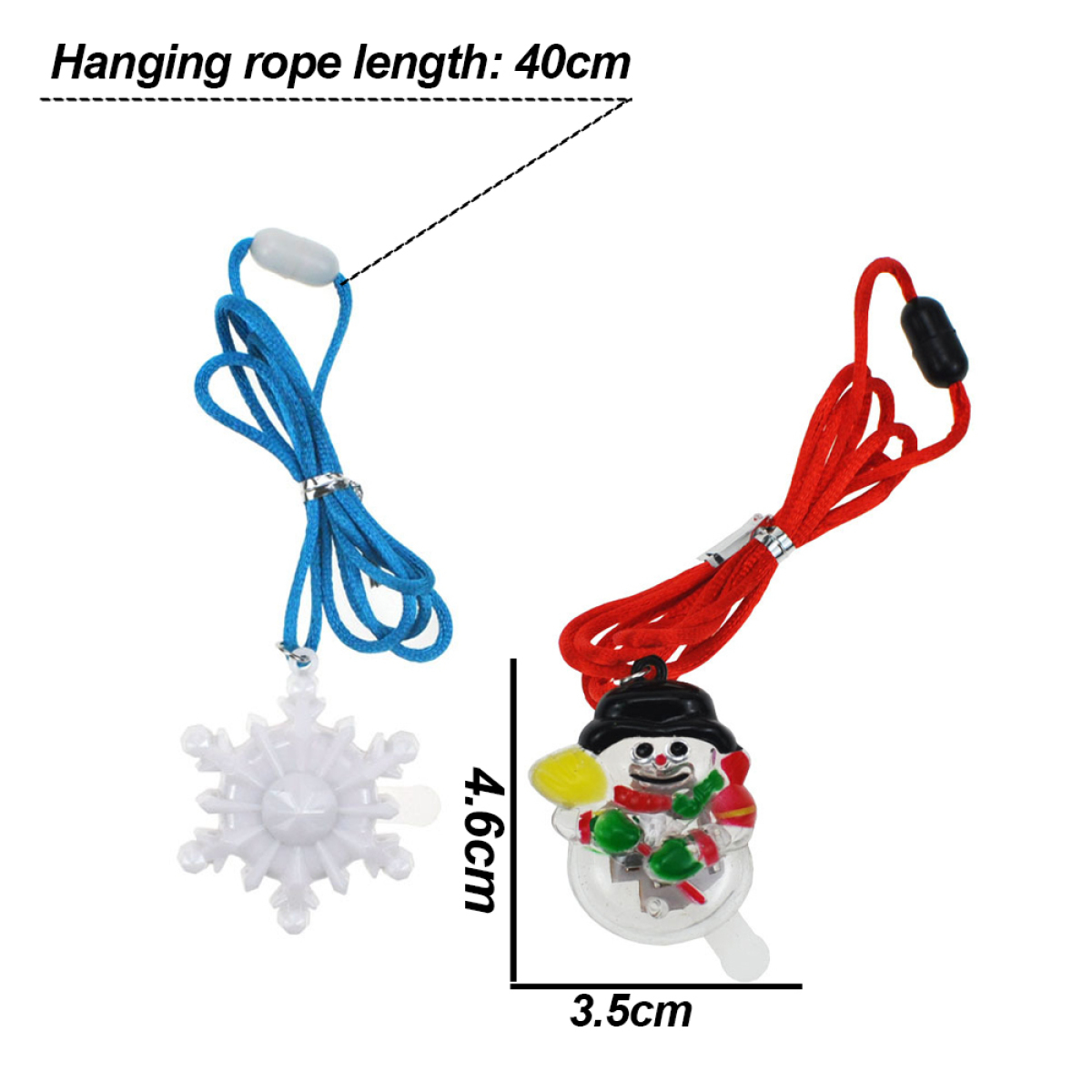 Zwei Weihnachtsschmuckstücke, eine Schneeflocke und ein Schneemann. Die Schneeflocke ist blau, der Schneemann rot.