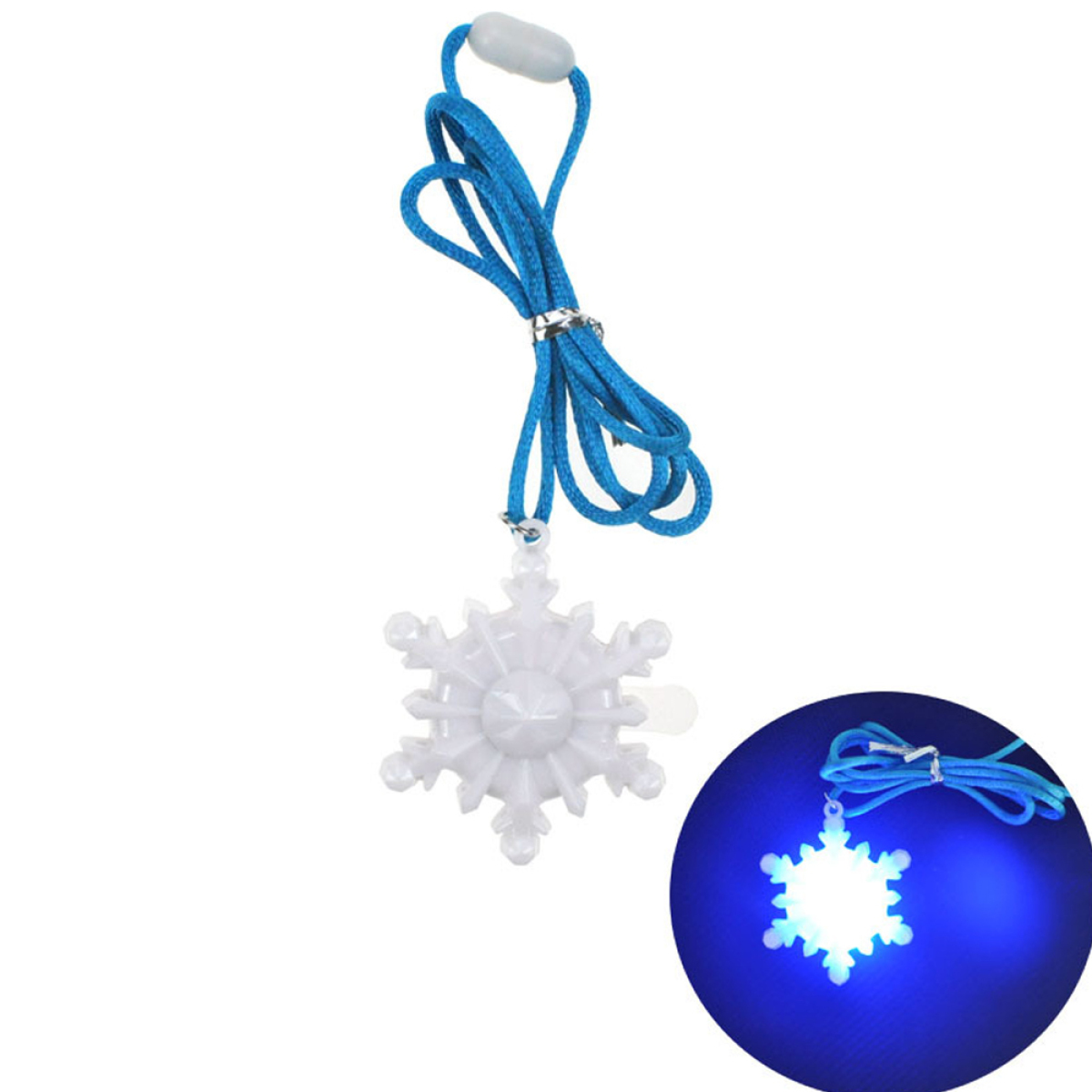 Schneeflocken-Anhänger mit blauem Kordel, blau leuchtend. Einsatz zeigt Anhänger beleuchtet.