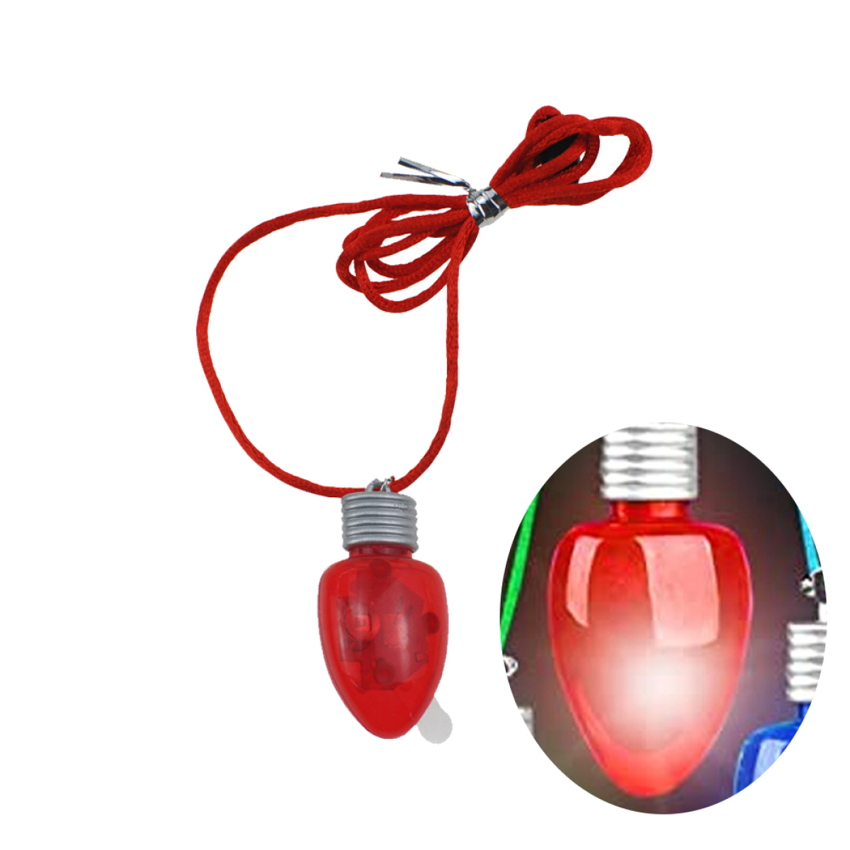 Rote Weihnachtsglühbirnen-Anhänger mit roter Kordel. Nahaufnahme der Glühbirne unten rechts.