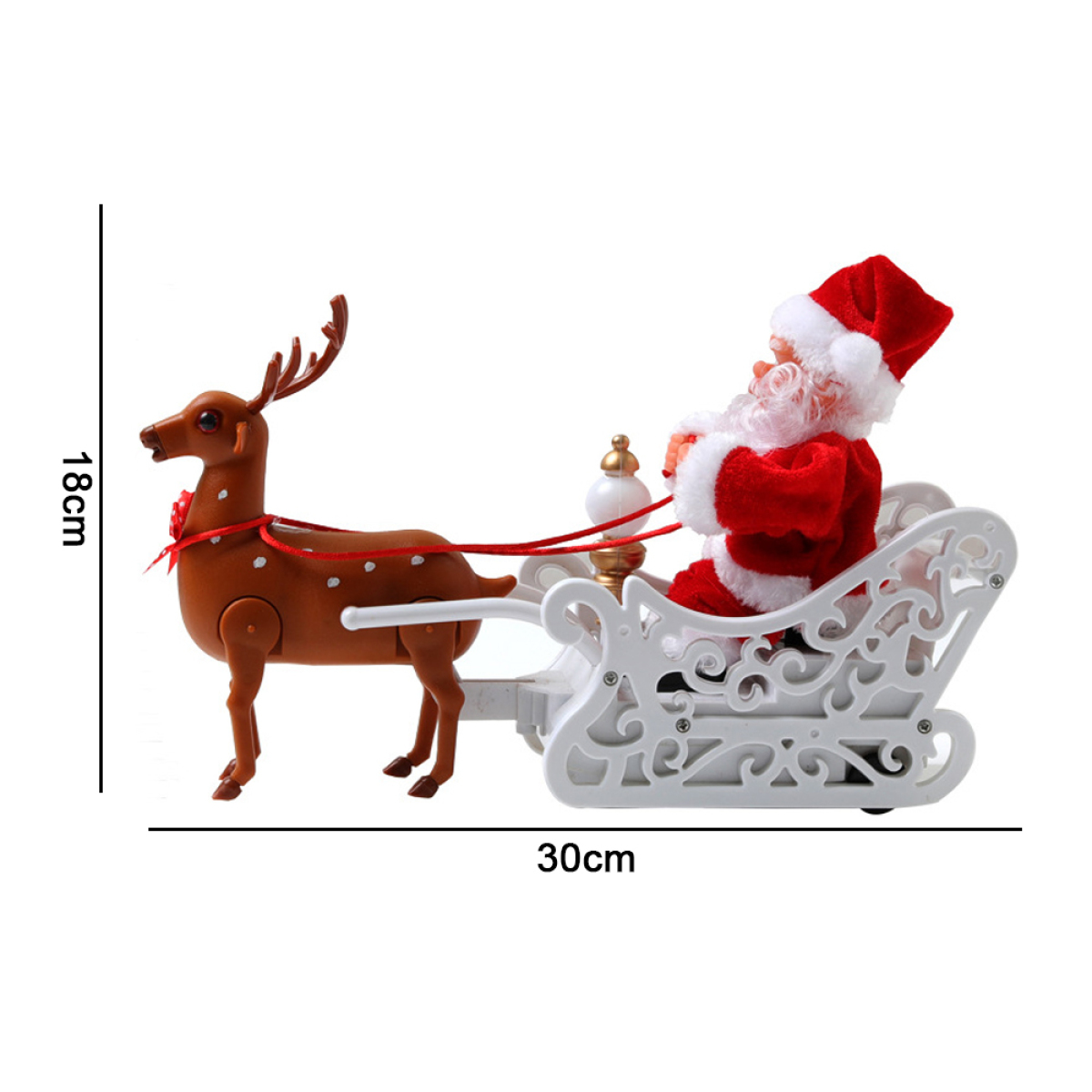 Weihnachtsmann in einem Schlitten, der von einem Rentier gezogen wird. Abmessungen: 30 cm breit, 18 cm hoch. Weißer Hintergrund.