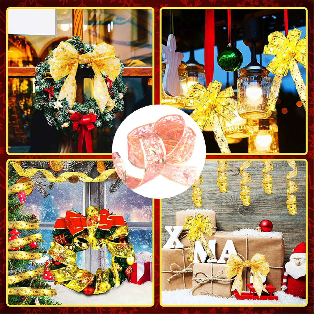 Weihnachtsdekorationen. Kränze, Lichter, Bänder und Geschenke. Festliche Szene mit verschiedenen farbenfrohen Elementen.