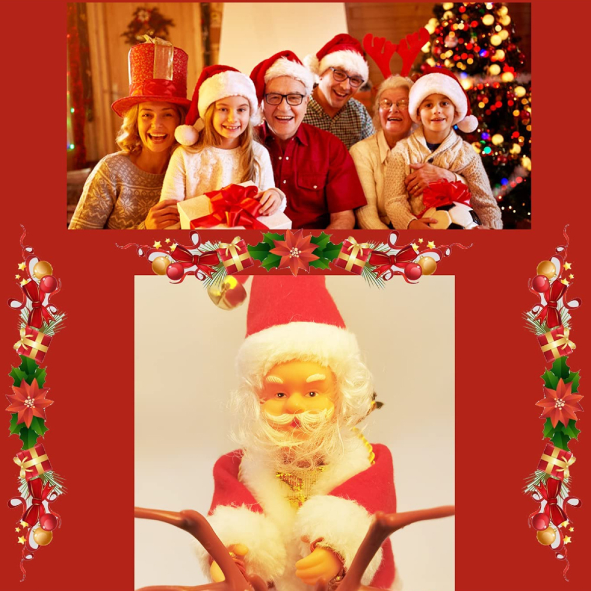 Familie trägt Weihnachtsmützen zu Weihnachten. Weihnachtsmann-Spielzeug unten im Bild.